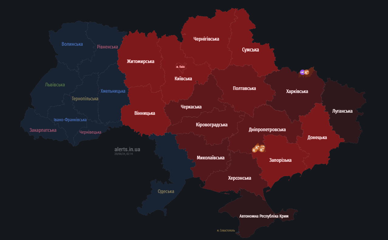 У більшості областей України тривога через загрозу пусків ракет