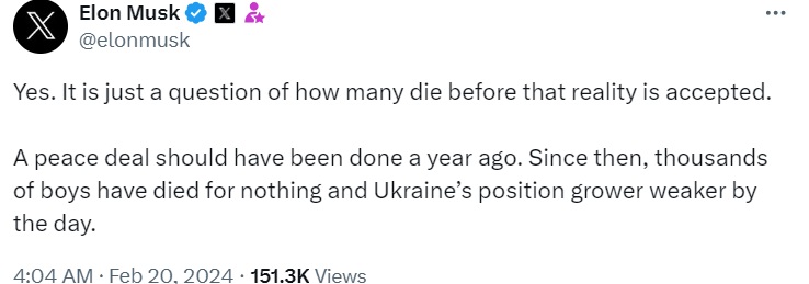 Ілон Маск зробив заяву про війну в Україні: &quot;Питання лише в тому, скільки людей помре&quot;