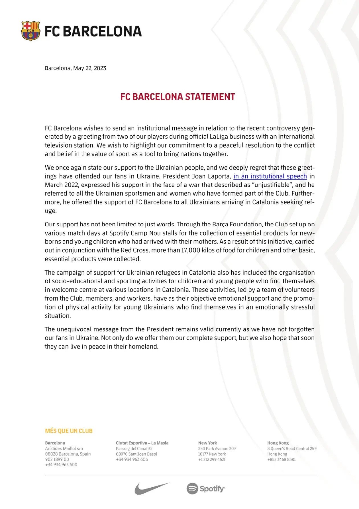 "Барселона" прикрылась поддержкой Украины в скандале с поздравлением россиян