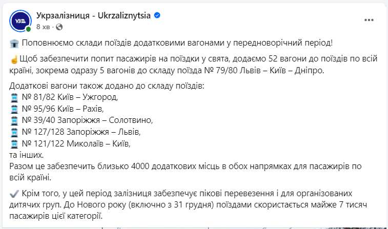 Еще плюс 4000 мест. УЗ увеличивает количество вагонов на популярных маршрутах на праздники