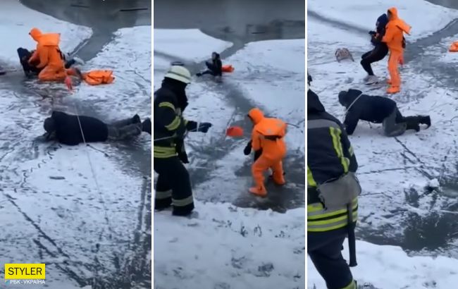 В Киеве на озере девушка каталась на коньках и провалилась под лед: видео чудесного спасения