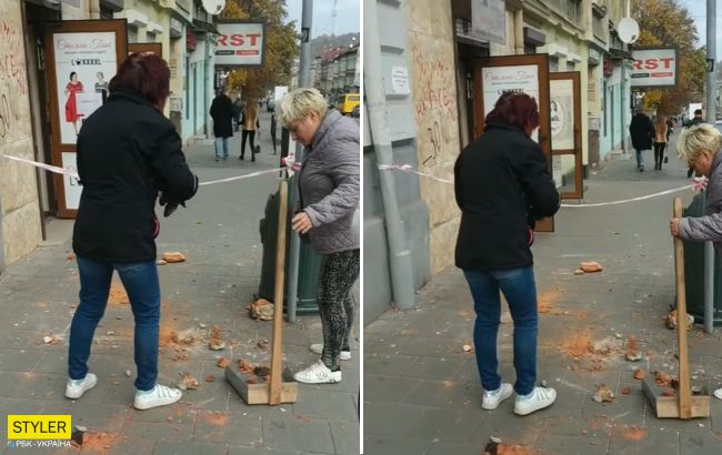 У Львові великий шматок фасаду будинку обвалився на тротуар: відео інциденту